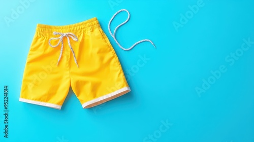 Vibrant yellow swim short on a bright blue background, perfect for summer activities and beach wear.