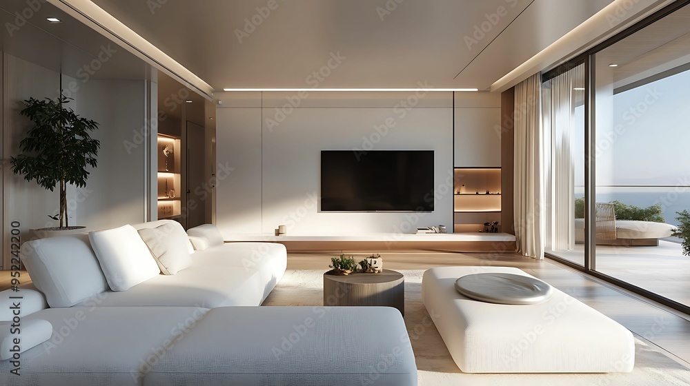 Sophisticated living room with elegant white furniture, large TV, and expansive glass windows overlooking a serene ocean view. Sophisticated living room with elegant white furniture, large TV, and expansive glass windows overlooking a serene ocean view.