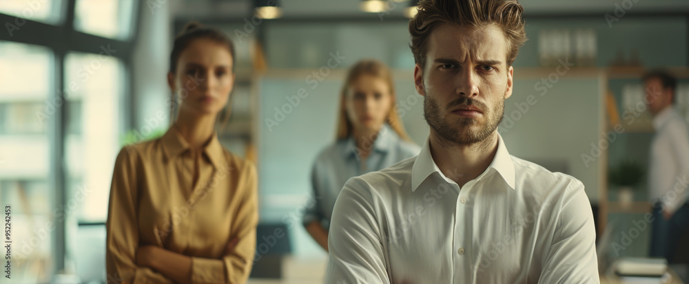 Resentful Colleague Observing a Newly Promoted Leader in a Corporate Office Environment Resentful Colleague Observing a Newly Promoted Leader in a Corporate Office Environment