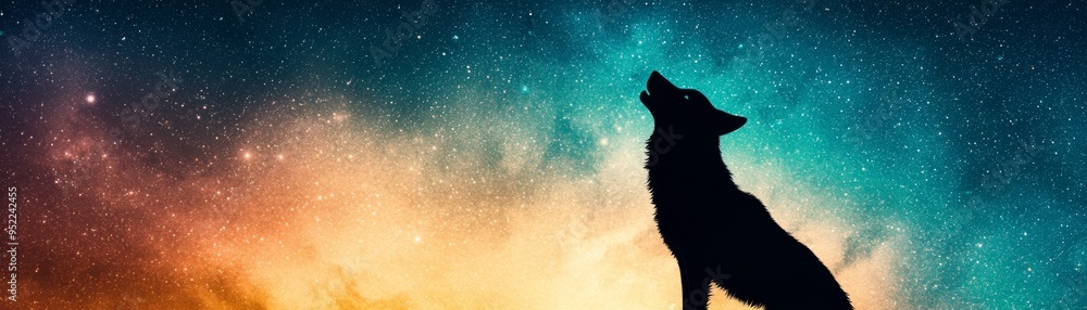 A stunning silhouette of a wolf howling against a vibrant cosmic backdrop, showcasing the beauty of nature and the universe. A stunning silhouette of a wolf howling against a vibrant cosmic backdrop, showcasing the beauty of nature and the universe.