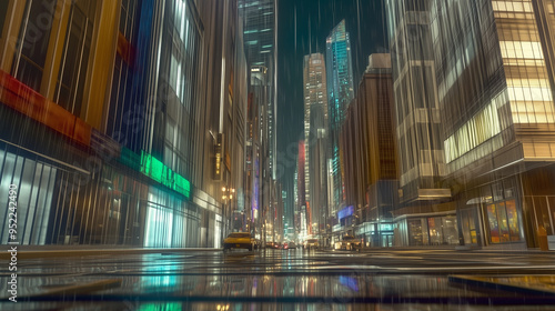  A hyper-realistic night cityscape with illuminated skyscrapers and bustling streets.