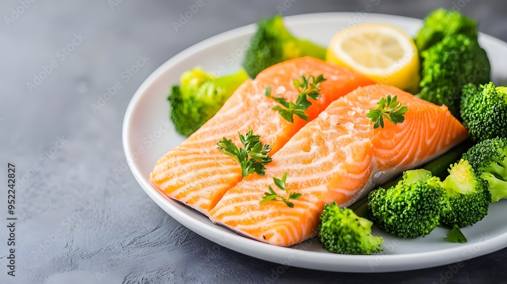 Delicious salmon fillet served with fresh broccoli and lemon. A healthy and nutritious meal option for seafood lovers. Delicious salmon fillet served with fresh broccoli and lemon. A healthy and nutritious meal option for seafood lovers.