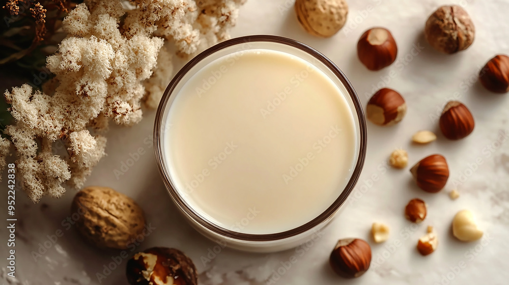 wide flat lay photo, hazelnuts and white milk in white background. wide flat lay photo, hazelnuts and white milk in white background.