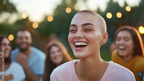 A young woman, bald from chemotherapy, laughing joyfully while surrounded by friends and family, their support and love shining through, against a blurred garden background.