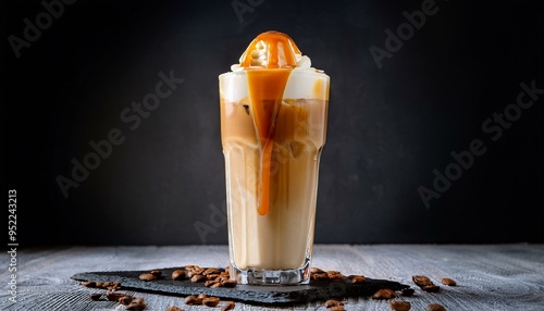 Ice cafe late with caramel and vanilia served in high glass photo