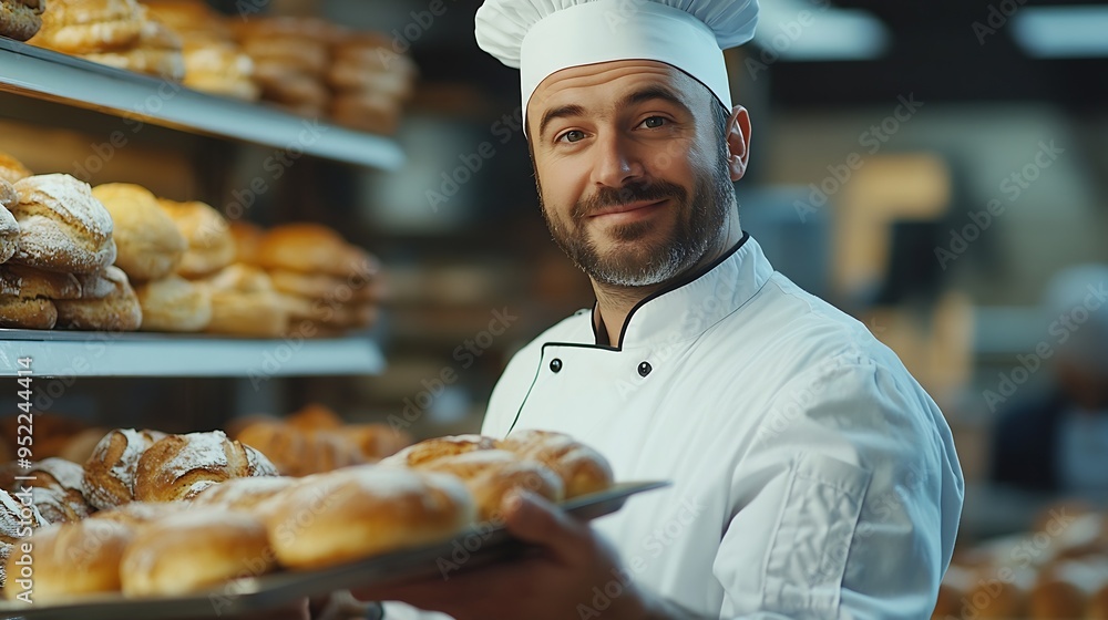 Chefcooker in a chefs hat and jacket working in bakery holding tray with bread and rolls Senior professional baker man wearing a chefs outfit Character kitchener pastry chef for advert : Generative AI Chefcooker in a chefs hat and jacket working in bakery holding tray with bread and rolls Senior professional baker man wearing a chefs outfit Character kitchener pastry chef for advert : Generative AI