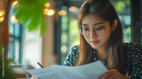 A young Asian real estate agent is reviewing documents and calculating interest rates to inform tenants of monthly installments before entering into contracts to buy or sell real estat : Generative AI photo