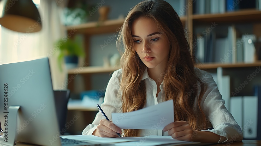 Caucasian analyst financial specialist busy business girl office worker manager entrepreneur female at workplace businesswoman woman writing notes working with computer paperwork docum : Generative AI Caucasian analyst financial specialist busy business girl office worker manager entrepreneur female at workplace businesswoman woman writing notes working with computer paperwork docum : Generative AI