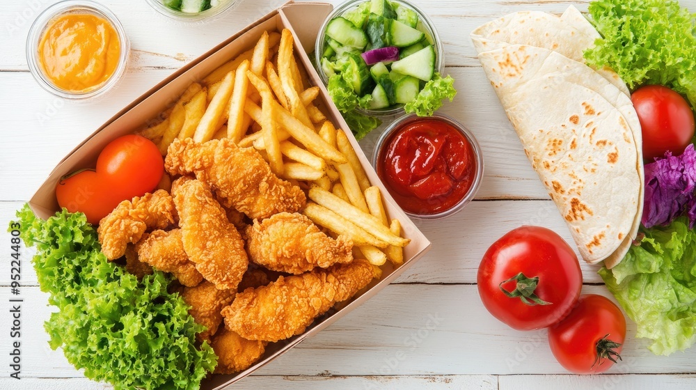 A school lunch box filled with fried chicken strips, french fries, tortilla wraps, and fresh vegetables, arranged on a white wooden table. A school lunch box filled with fried chicken strips, french fries, tortilla wraps, and fresh vegetables, arranged on a white wooden table.