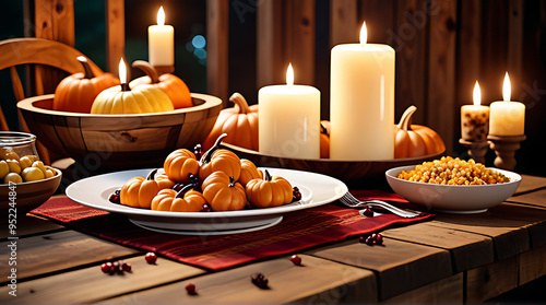 rustic wooden table set fall harvest feast seasonal dishes candles