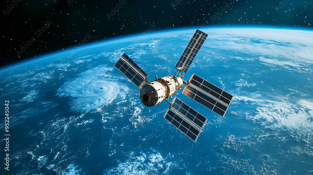Obraz premium 宇宙から見た地球と人工衛星
