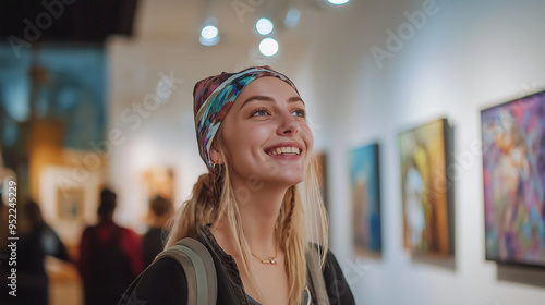 A young woman who has lost her hair from chemotherapy, smiling as she visits an art gallery, surrounded by inspiring works of art, reflecting her resilience and passion for life.