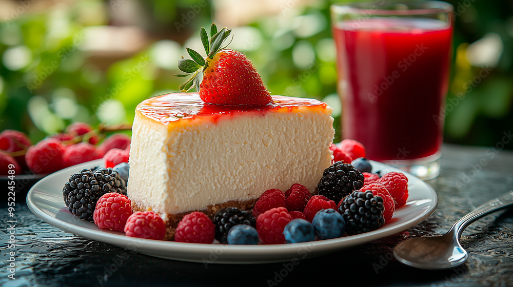 Delicious New York-Style Cheesecake with Fresh Berries and Juice Delicious New York-Style Cheesecake with Fresh Berries and Juice