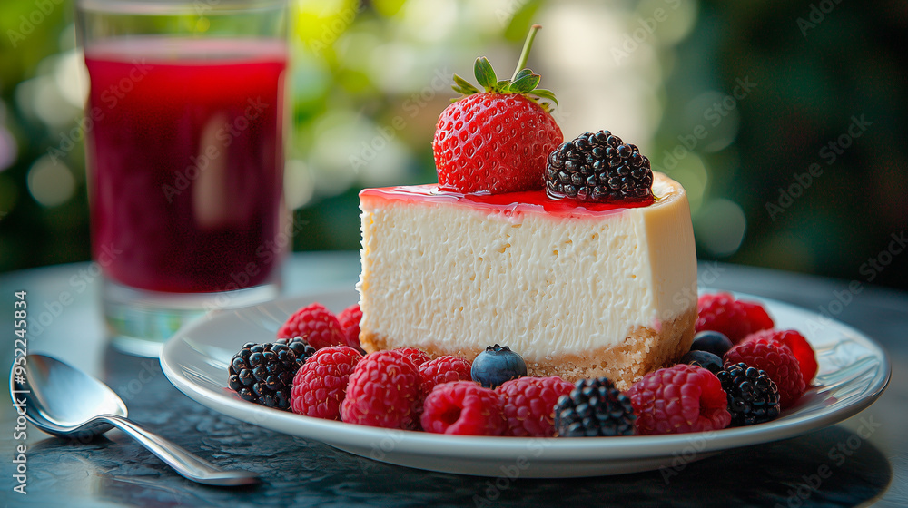 Delicious New York-Style Cheesecake with Fresh Berries and Juice Delicious New York-Style Cheesecake with Fresh Berries and Juice
