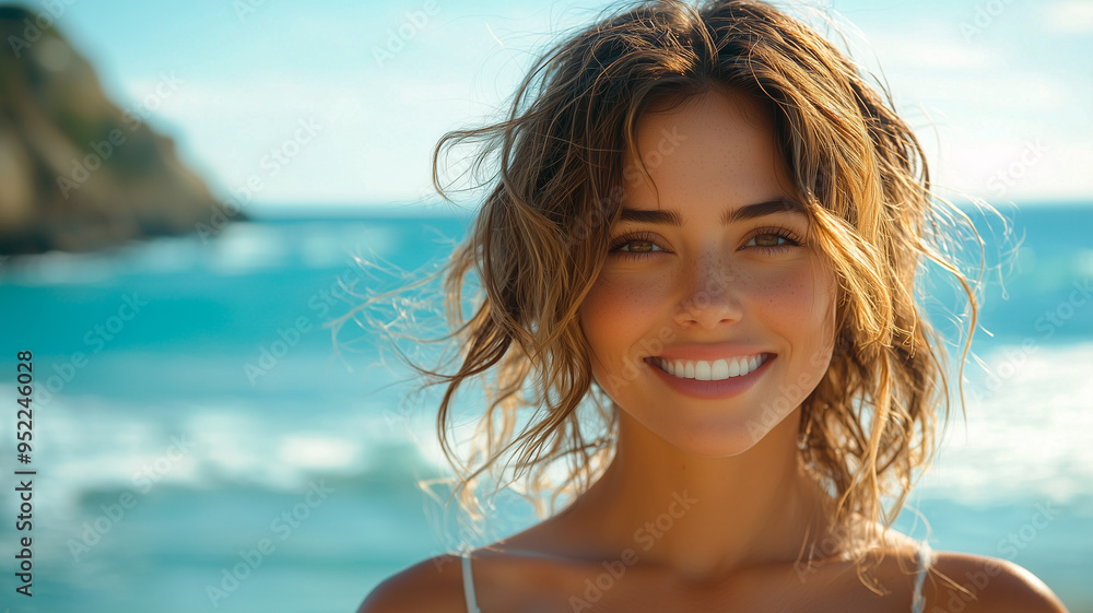 Portrait of a Smiling Young Woman Standing by the Ocean on a Sunny Day Portrait of a Smiling Young Woman Standing by the Ocean on a Sunny Day