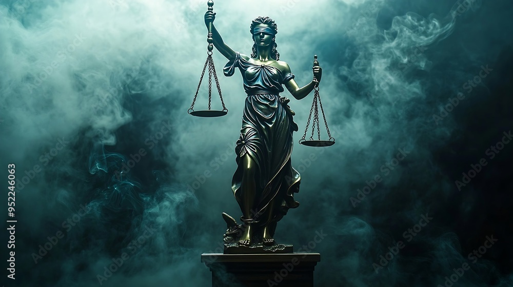 Themis statue Justice with scales on dark background with smoke Legal and law concept : Generative AI Themis statue Justice with scales on dark background with smoke Legal and law concept : Generative AI