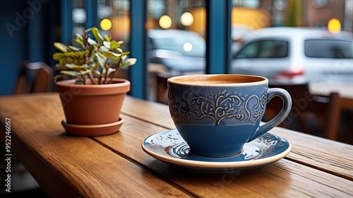 Coffee in grey cup on wooden table in cafe