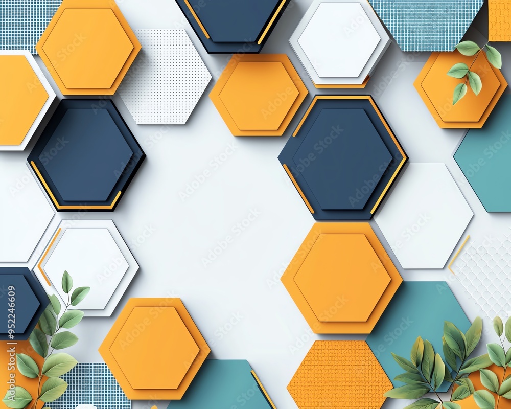 Modern geometric hexagon pattern with vibrant colors and leaves, ideal for backgrounds, designs, and artistic projects. Modern geometric hexagon pattern with vibrant colors and leaves, ideal for backgrounds, designs, and artistic projects.