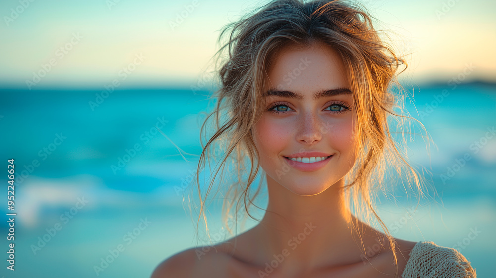 Portrait of a Smiling Young Woman Standing by the Ocean on a Sunny Day Portrait of a Smiling Young Woman Standing by the Ocean on a Sunny Day