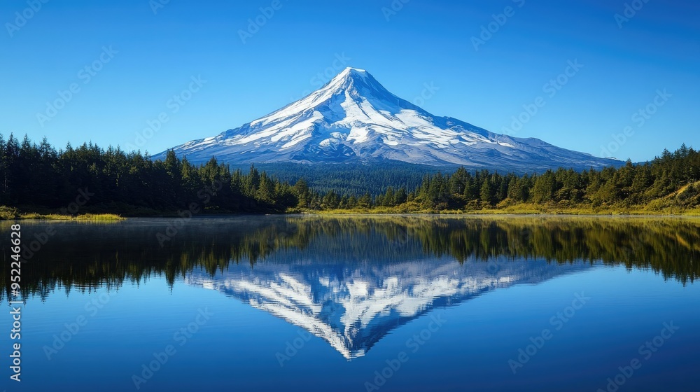 A stunning snow-capped mountain reflected in a glassy lake, framed by clear blue skies. A stunning snow-capped mountain reflected in a glassy lake, framed by clear blue skies.