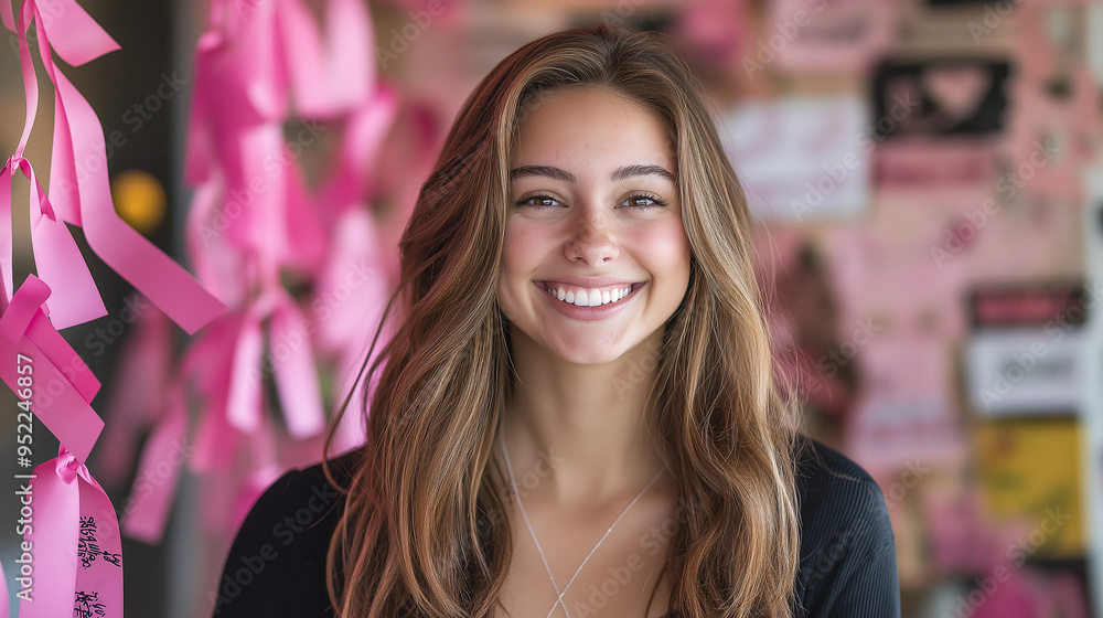 Fototapeta premium A young woman surrounded by pink ribbons and supportive messages, smiling brightly in front of a wall filled with inspiring words, representing her fight against cancer and the sup