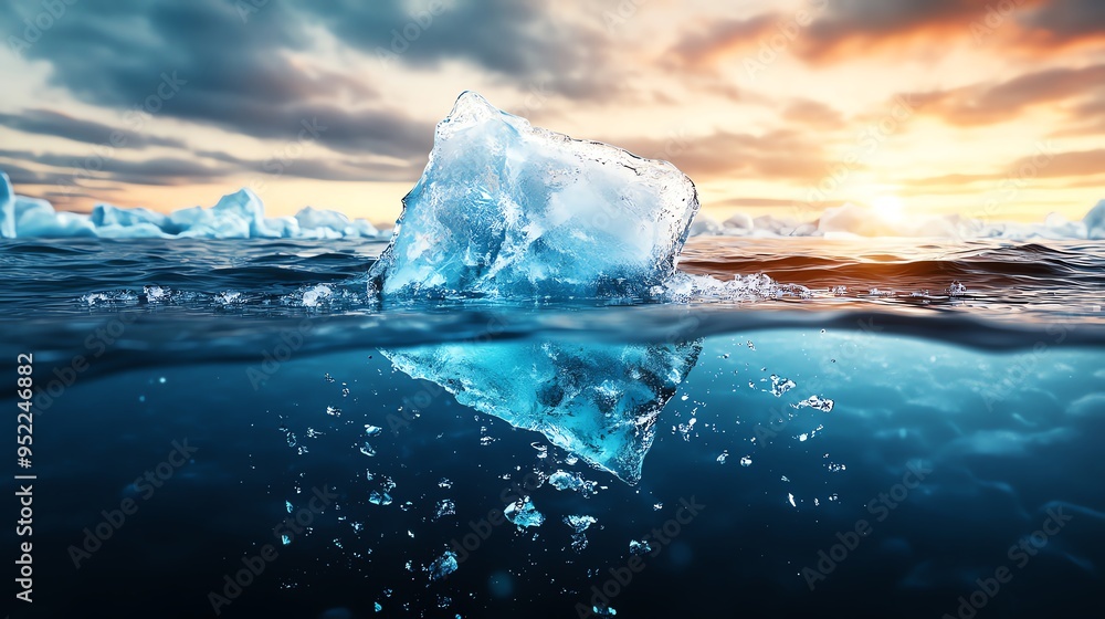 Melting iceberg floating in the ocean with a dramatic sunset sky, highlighting climate change and global warming. Melting iceberg floating in the ocean with a dramatic sunset sky, highlighting climate change and global warming.