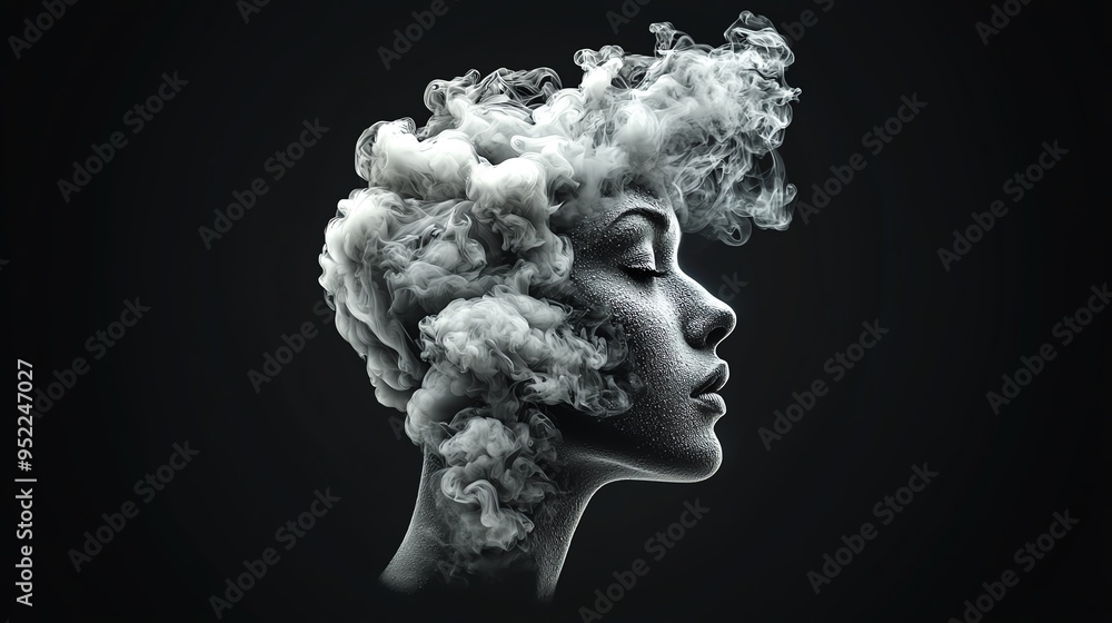 A creative portrayal of a woman with smoke resembling hair, capturing an ethereal and dreamlike quality against a dark background.