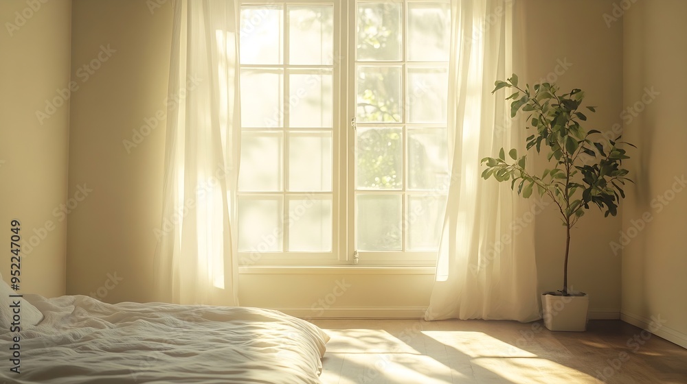 Fototapeta premium light empty bedroom with window : Generative AI