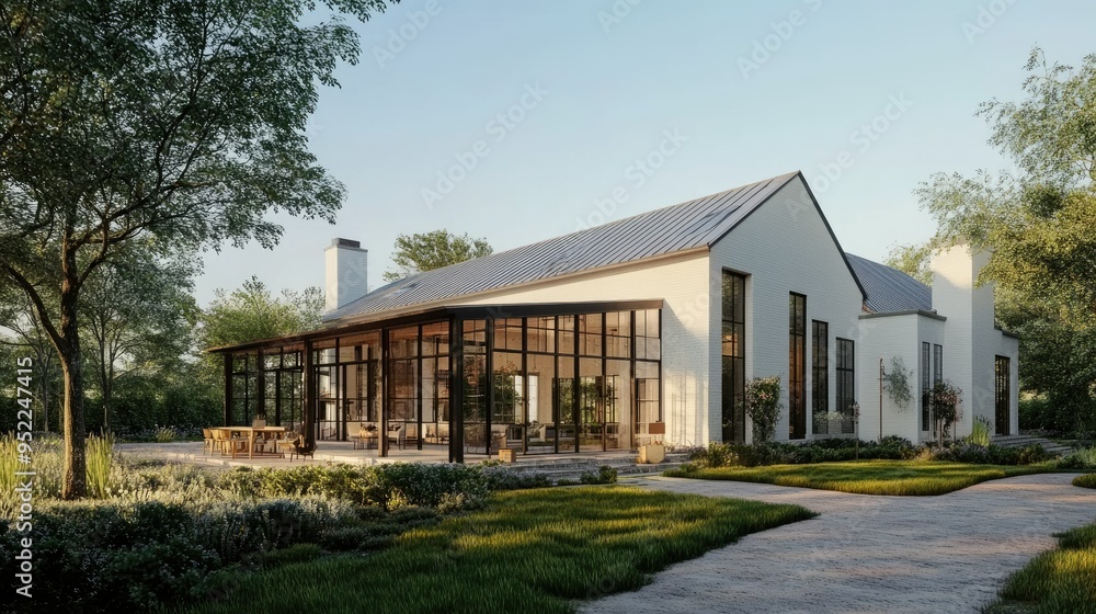 A stylish farmhouse with an open-concept design, featuring large windows and a welcoming front porch A stylish farmhouse with an open-concept design, featuring large windows and a welcoming front porch