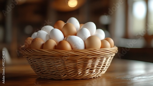 From above shot of wicker basket filled with brown and white eggs on table : Generative AI