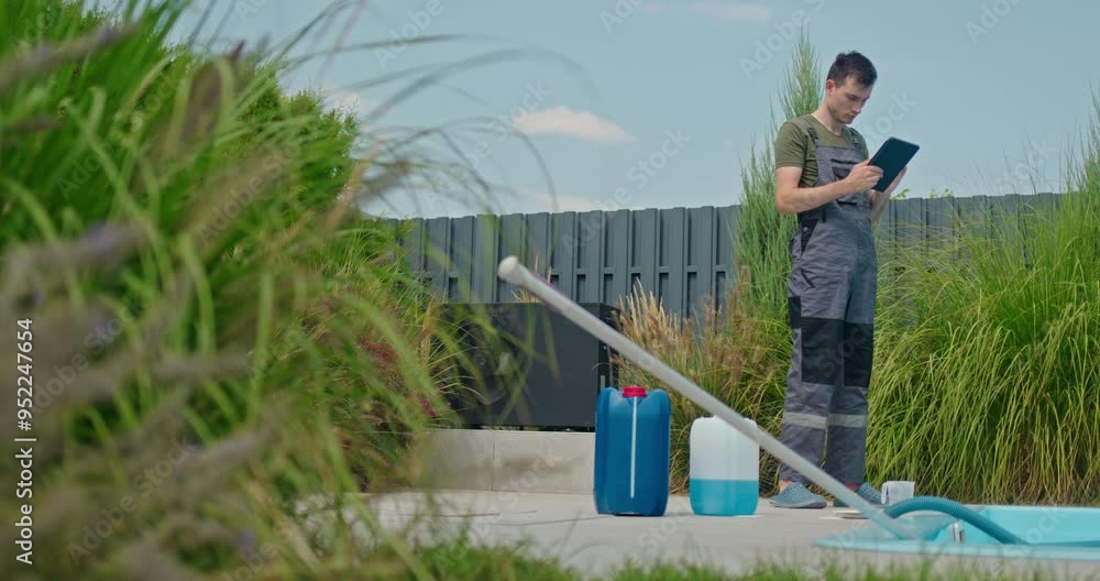 A technician performs routine pool maintenance using a tablet, with chemical containers and a pool vacuum close by. A technician performs routine pool maintenance using a tablet, with chemical containers and a pool vacuum close by.