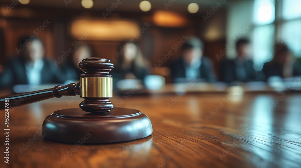 Judge gavel with Justice lawyers having team meeting at law firm in background Concepts of law : Generative AI Judge gavel with Justice lawyers having team meeting at law firm in background Concepts of law : Generative AI