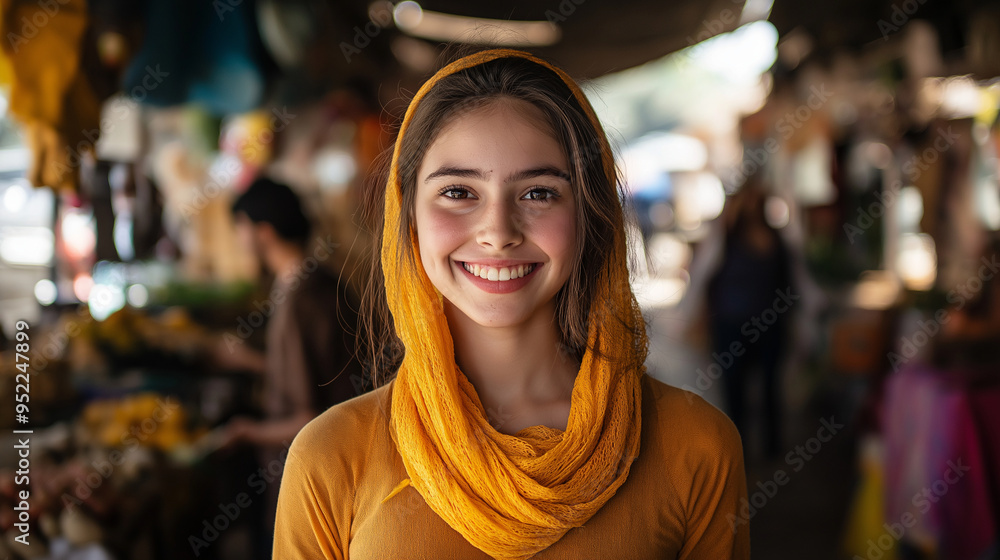 A young woman in a vibrant, bustling marketplace, smiling warmly as she interacts with vendors, embodying her zest for life despite the challenges she faces. A young woman in a vibrant, bustling marketplace, smiling warmly as she interacts with vendors, embodying her zest for life despite the challenges she faces.