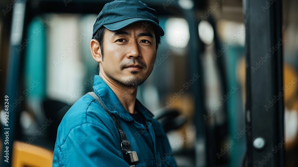 Middleaged Asian male worker with forklift on factory grounds : Generative AI Middleaged Asian male worker with forklift on factory grounds : Generative AI