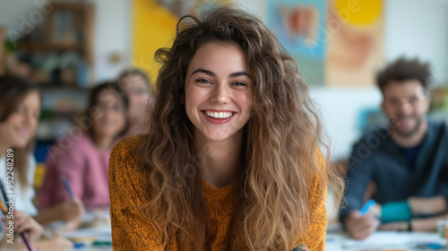 A young woman in a lively art class, smiling as she paints or sculpts, surrounded by other creatives, representing her resilience and love for life.