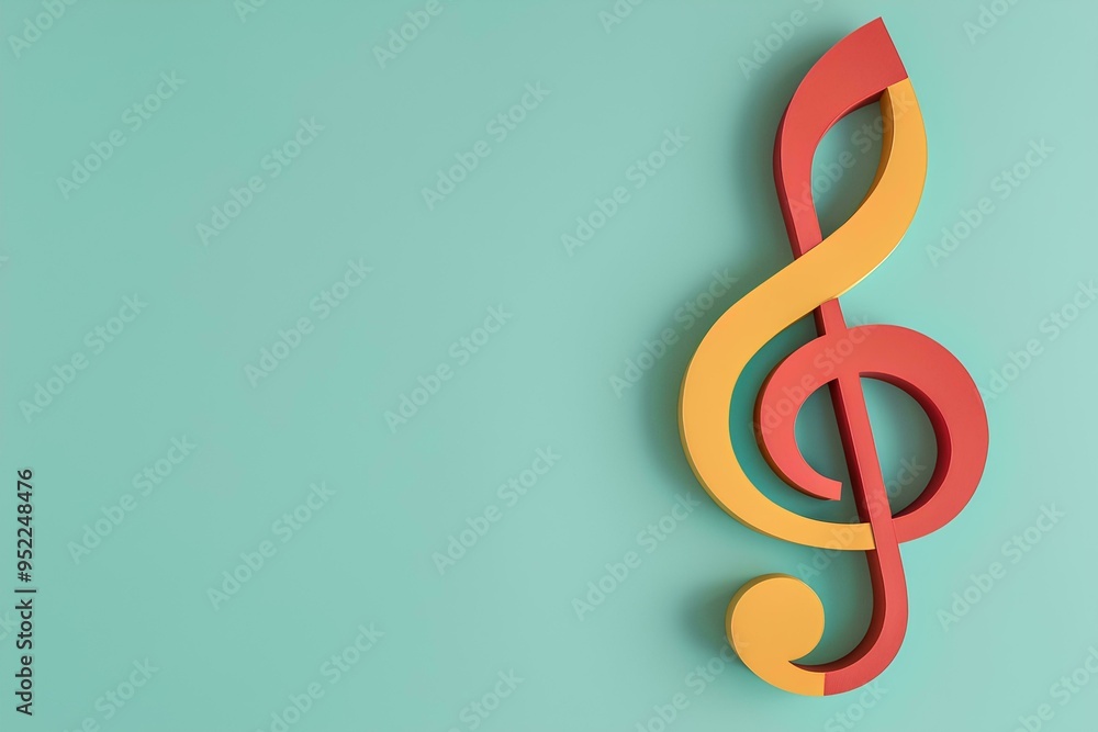 musical note with colorful paper cutouts on a light blue background, representing music and sound. Web banner with space for text musical note with colorful paper cutouts on a light blue background, representing music and sound. Web banner with space for text