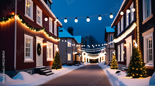 snowy street houses adorned christmas lights decorations