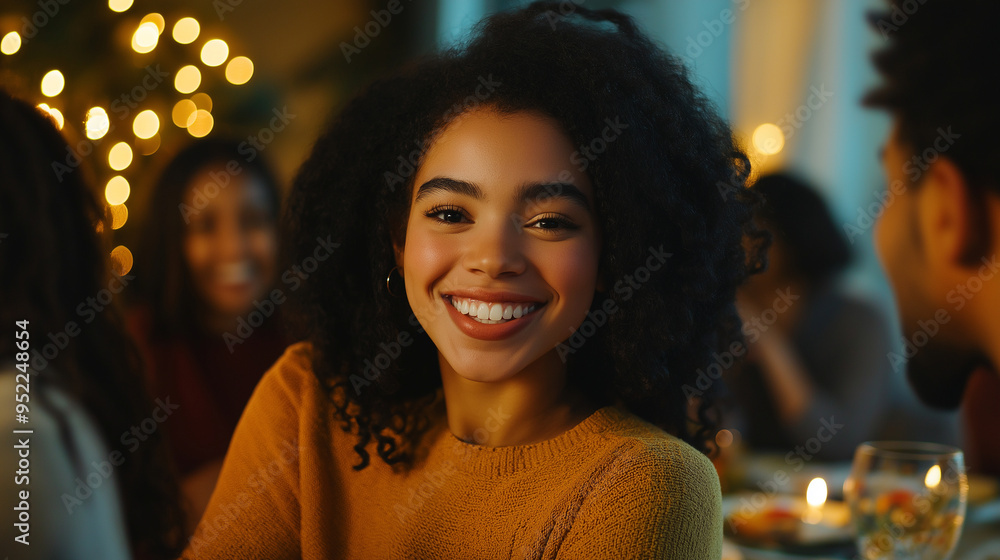 Obraz premium A young woman at a family gathering, smiling warmly as she shares a meal with loved ones, representing the importance of support and togetherness in her healing process.