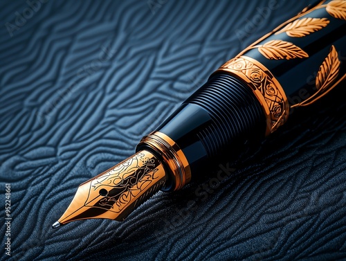 Elegant fountain pen with intricate gold detailing, perfect for professional writing and stationery enthusiasts. photo