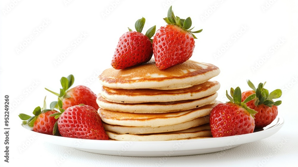 A tempting stack of pancakes with fresh strawberries, invitingly set on a clean white background. A tempting stack of pancakes with fresh strawberries, invitingly set on a clean white background.