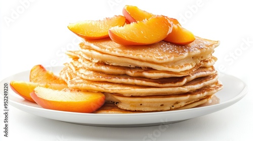 A tempting stack of golden pancakes, topped with ripe peach slices on a clean white background.