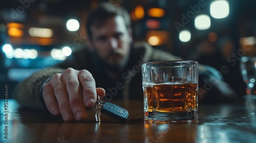 Drunk man reaching for car keys at table closeup Dont drink and drive concept : Generative AI