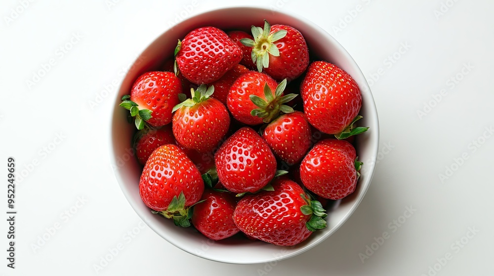 A top-down view of a bowl filled with freshly picked strawberries, their vibrant red color popping against the white bowl A top-down view of a bowl filled with freshly picked strawberries, their vibrant red color popping against the white bowl