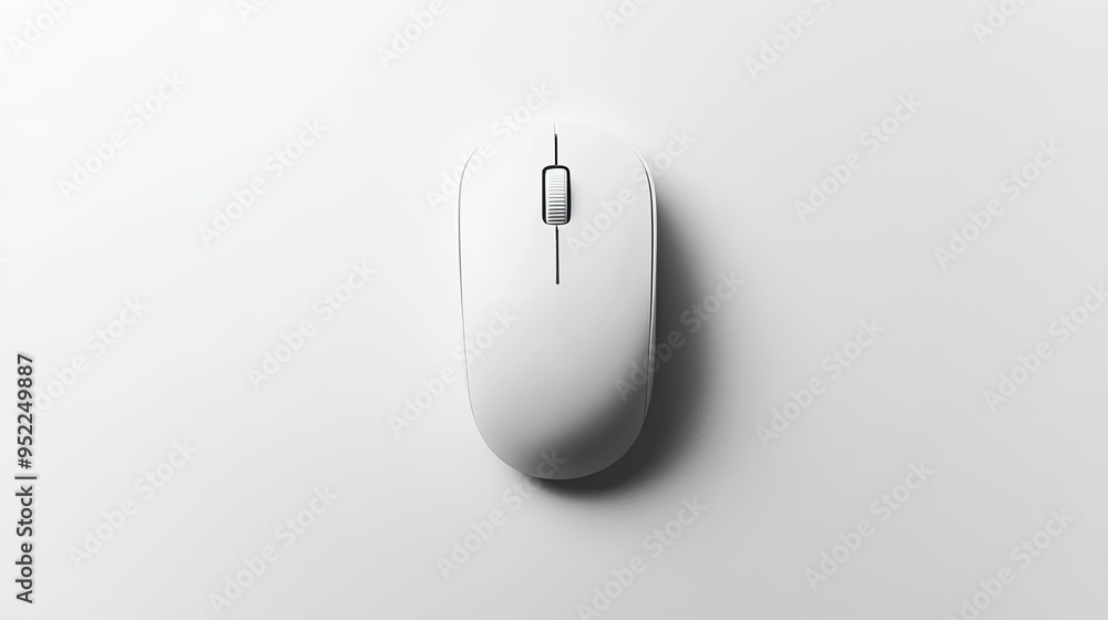 A top-down view of a white computer mouse on a white background, showcasing its simplicity and clean lines A top-down view of a white computer mouse on a white background, showcasing its simplicity and clean lines