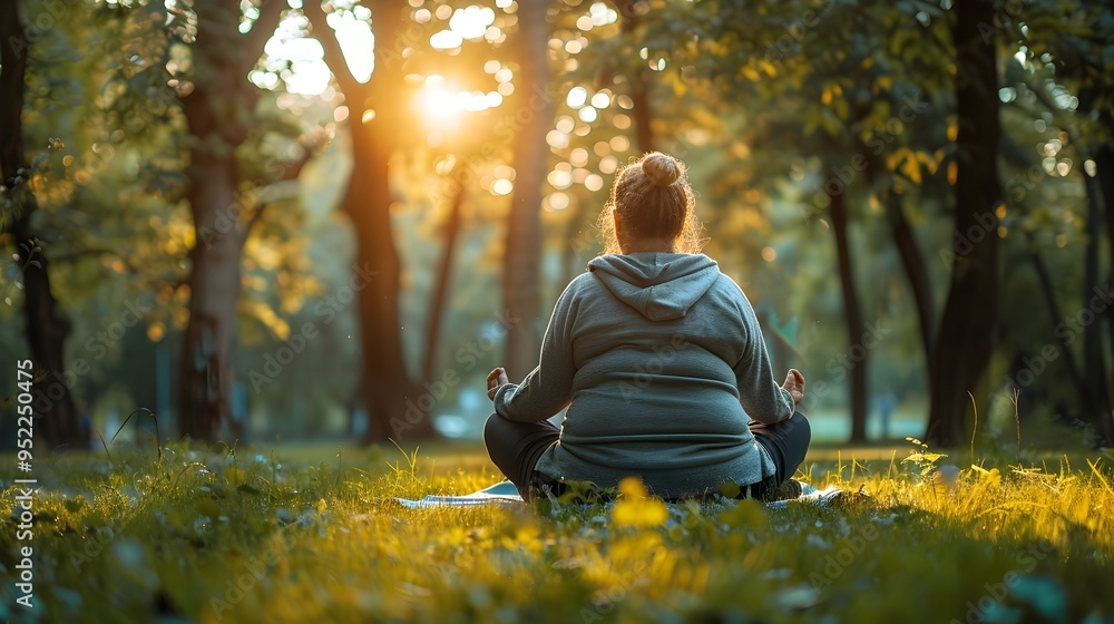 Overweight Person Practicing Yoga in Peaceful Park Surrounded by Nature Overweight Person Practicing Yoga in Peaceful Park Surrounded by Nature