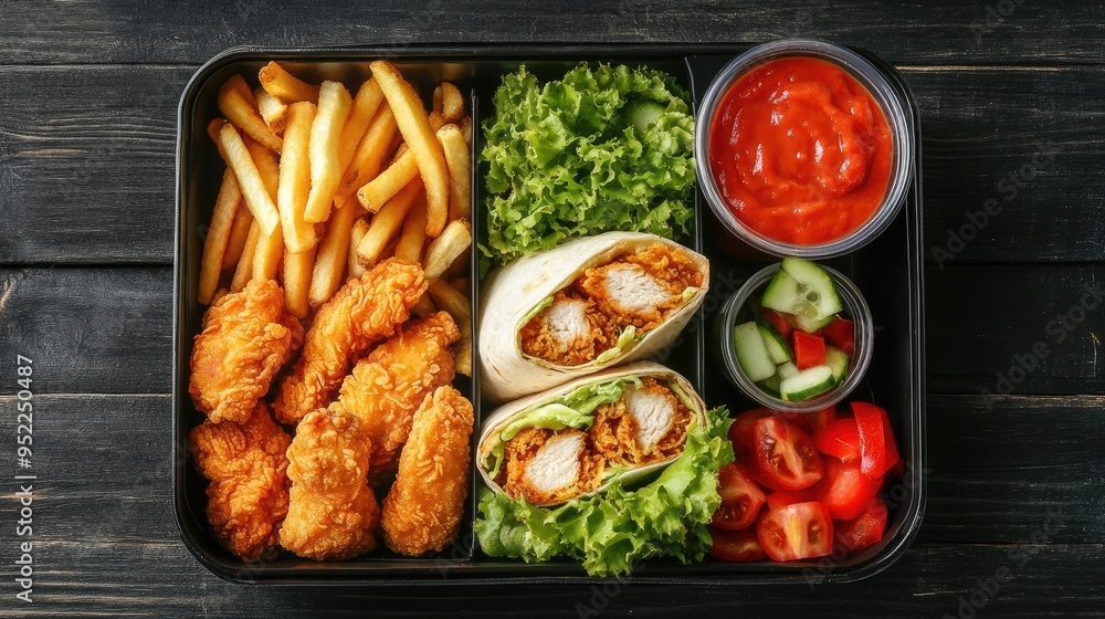 A top-down view of a lunch box containing fried chicken strips, fries, wraps, and veggies, perfect for a picnic or school meal. A top-down view of a lunch box containing fried chicken strips, fries, wraps, and veggies, perfect for a picnic or school meal.