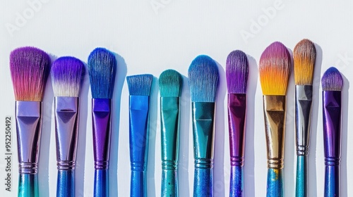 A variety of colorful paintbrushes placed on a white background, with each brush head reflecting a different shade.