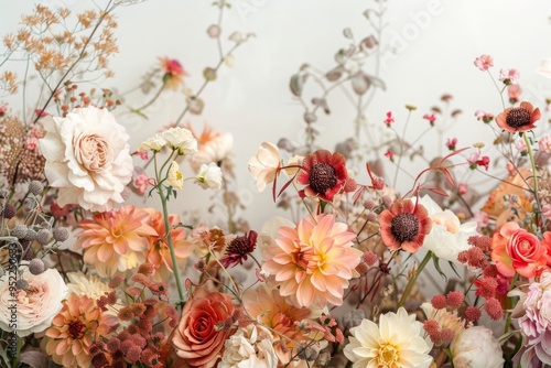 Autumn composition made of beautiful flowers on the light backdrop. Floristic decoration. Natural floral background, easter, spring, Mother's day, birthday, anniversary 