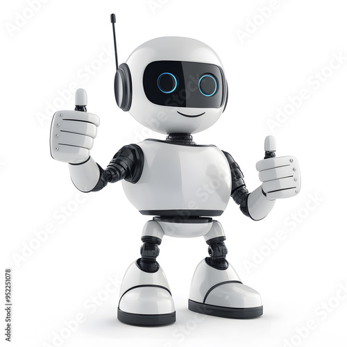 Friendly robot giving thumbs up isolated on white background