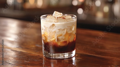 Classic White Russian Cocktail in Elegant Lowball Glass on Marble Table - Indulgent Vodka, Coffee Liqueur, Cream Beverage